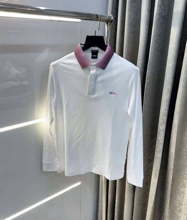 Hugo Bos s White Collar Look Premium Full Sleeve Polo T-Shirt