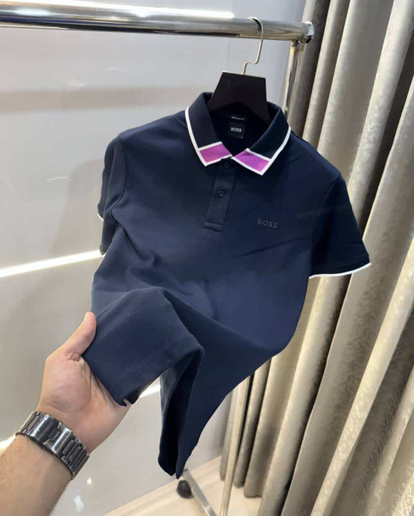 Hugo bos s Navy Blue Collar Logo Premium Polo T-Shirt