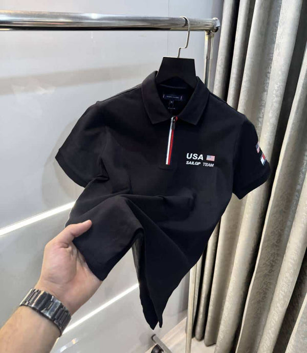Tomm y Hilfiger Black Logo Print Premium Polo T-Shirt