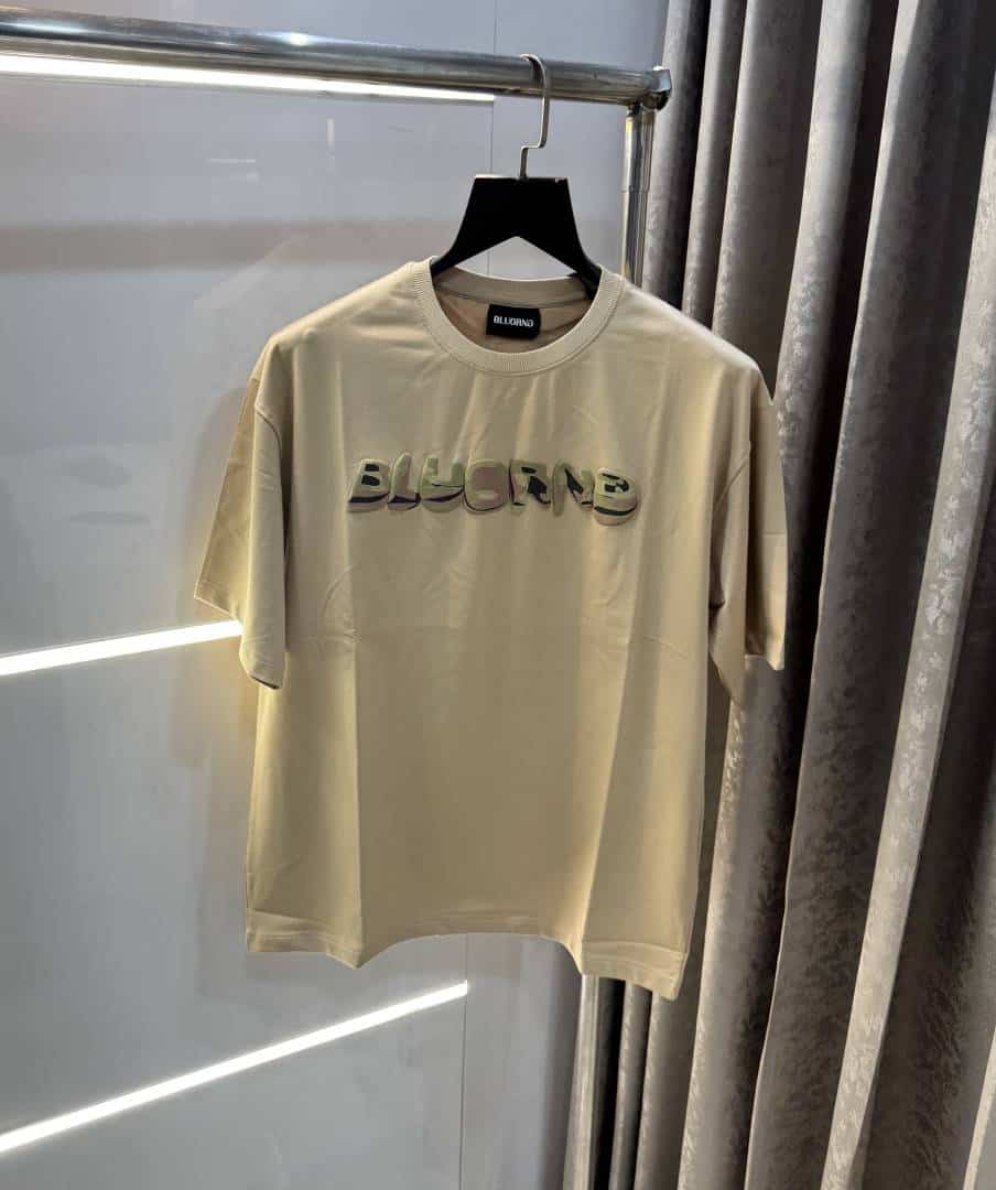 Bluorng Beige EmBo-ssed Print Imported Oversized T-Shirt Secondary image