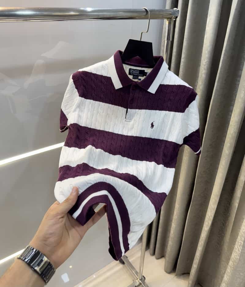 Ralph  Lauren Wine Stripes Premium Knitted Polo T-Shirt Secondary image