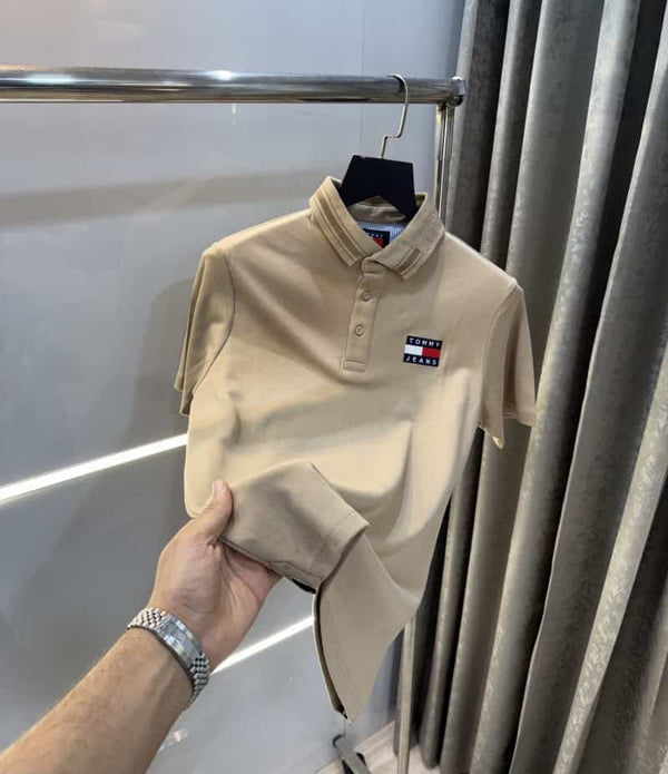 Tomm y Hilfiger Beige Embroidery Logo Premium Polo T-Shirt