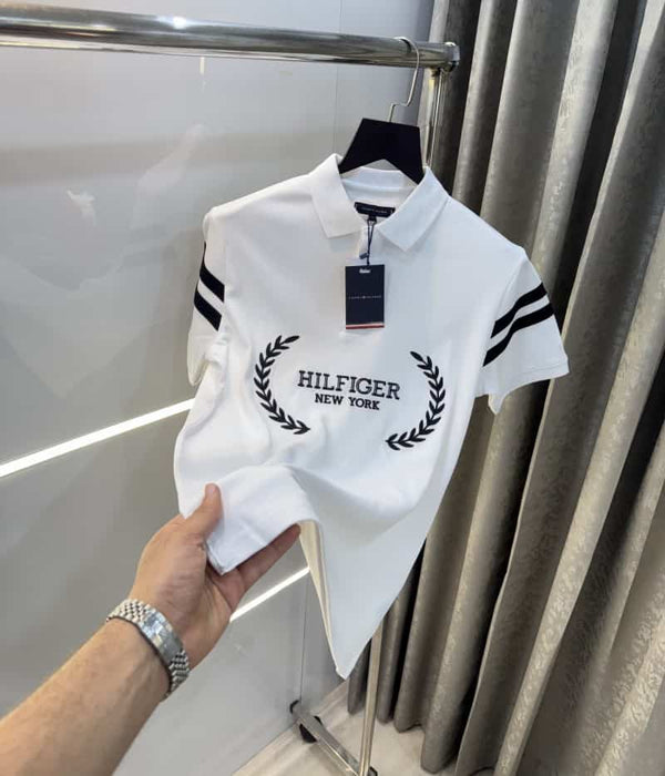 Tomm y Hilfiger White Embroidery Work Premium Polo T-Shirt