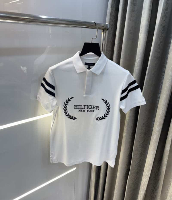 Tomm y Hilfiger White Embroidery Work Premium Polo T-Shirt