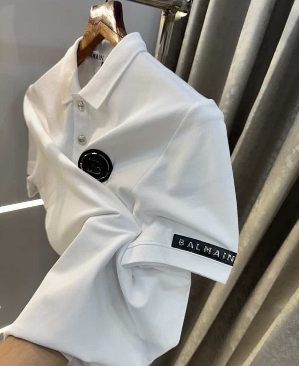 Balmai n Paris White Steel Logo Imported Polo T-Shirt
