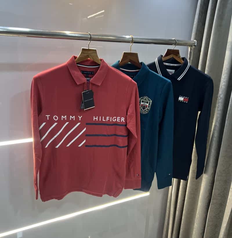 Tomm y Hilfiger Red Logo Print Premium Full Sleeve Polo T-Shirt