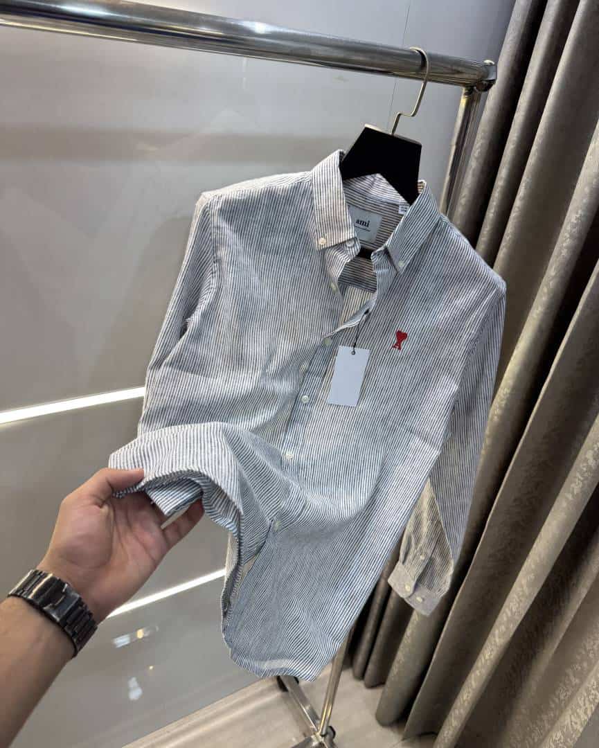 Ami Paris Grey strips Embroidery Logo Premium Linen Shirt Secondary image