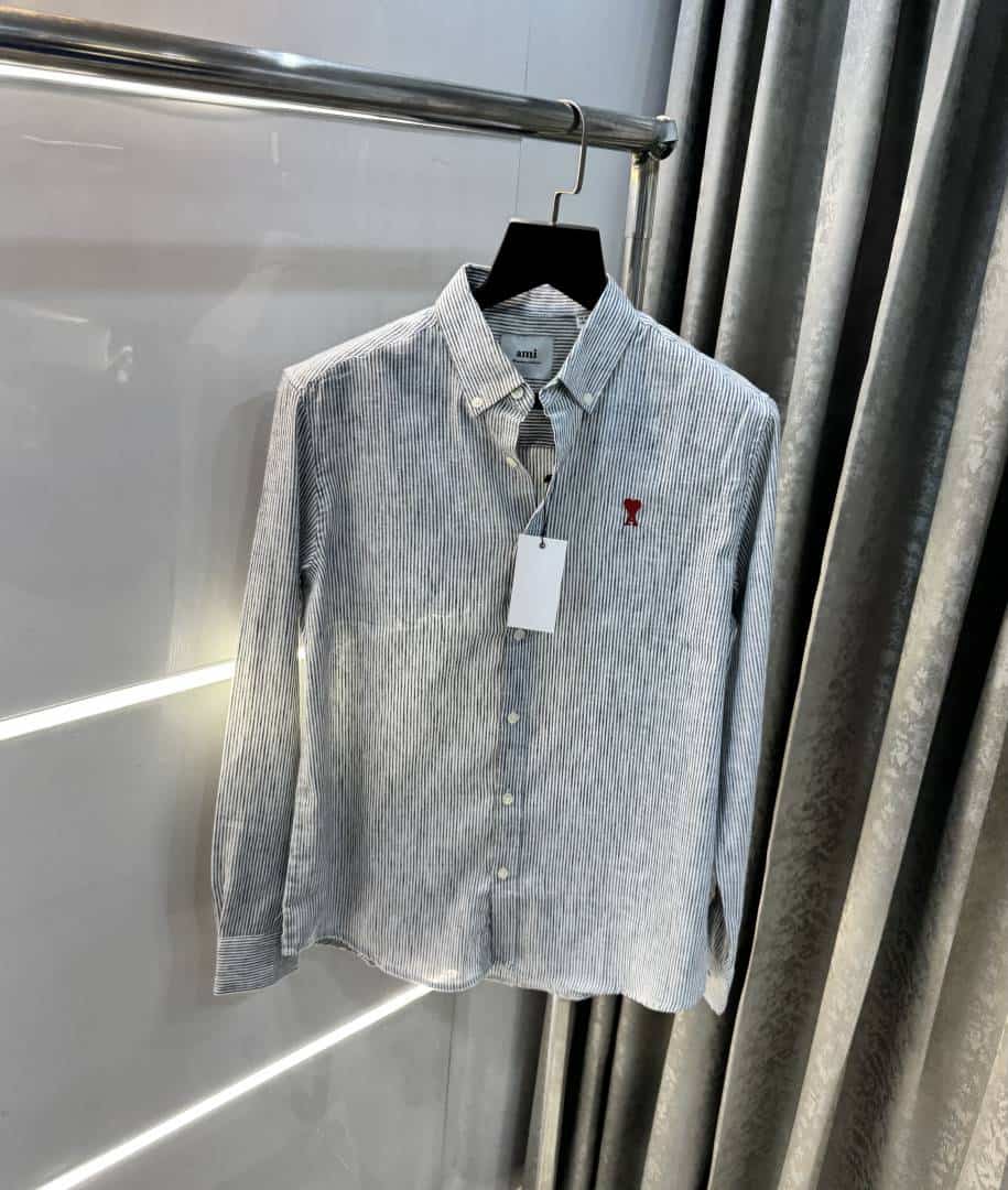 Ami Paris Grey strips Embroidery Logo Premium Linen Shirt