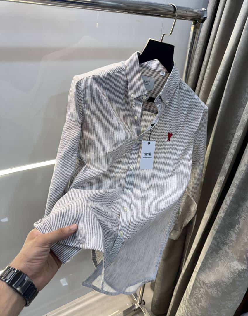 Ami Paris Brown strips Embroidery Logo Premium Shirt