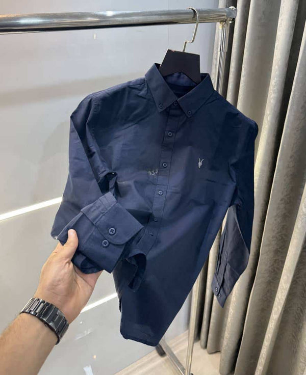 All saints Navy Blue Embroidery Logo Classic Linen Shirt