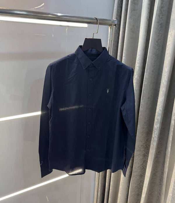 All saints Navy Blue Embroidery Logo Classic Linen Shirt