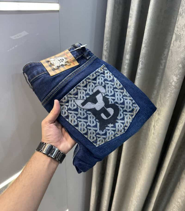 Burberr y Dark Blue Pocket Embroidery Imported Denim