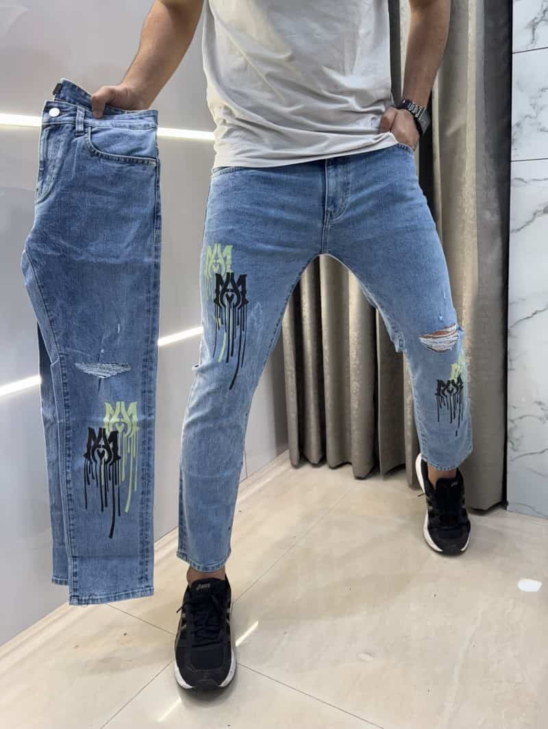 Amir i Sky Blue Printed Open Ripped Imported Denim Main image
