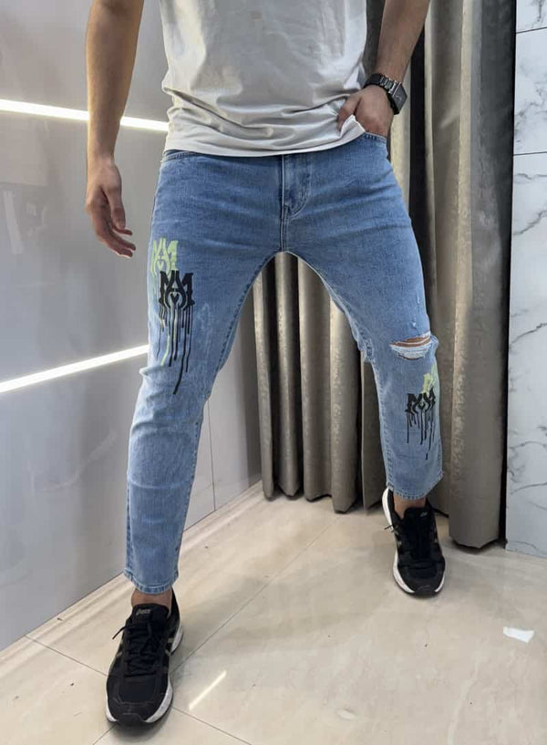 Amir i Sky Blue Printed Open Ripped Imported Denim