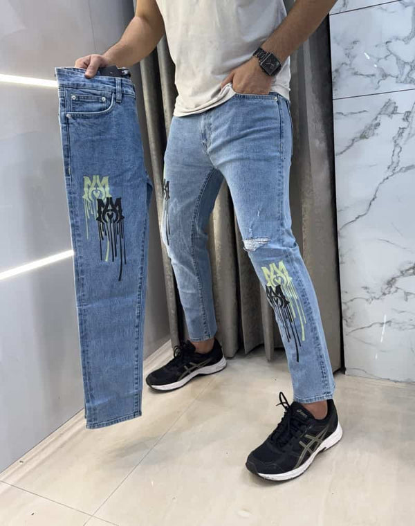 Amir i Sky Blue Printed Open Ripped Imported Denim