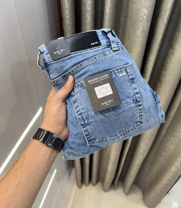 Amir i Sky Blue Printed Open Ripped Imported Denim