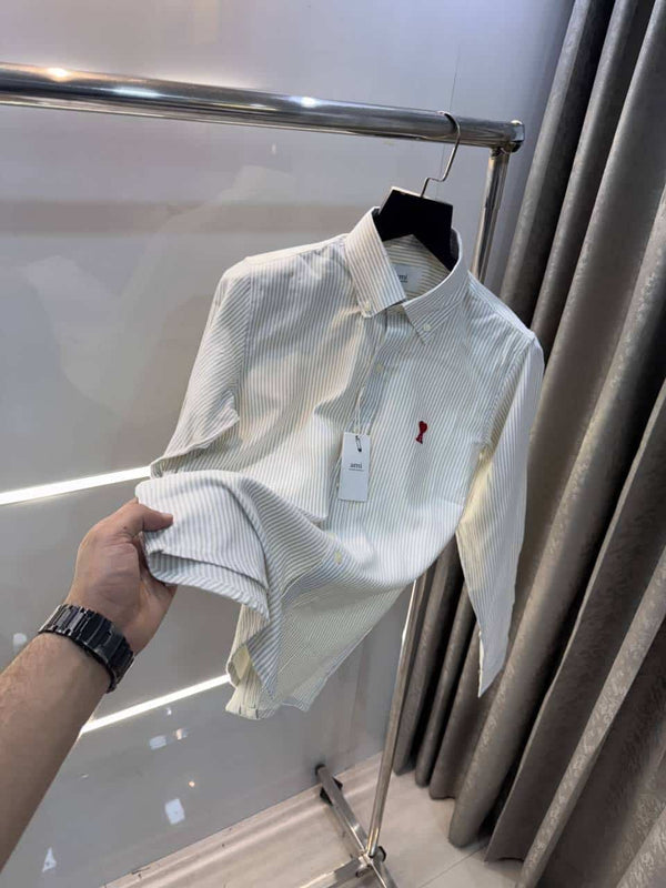 Ami Paris Beige S+r-ipe!s Embroidery Logo Premium Shirt