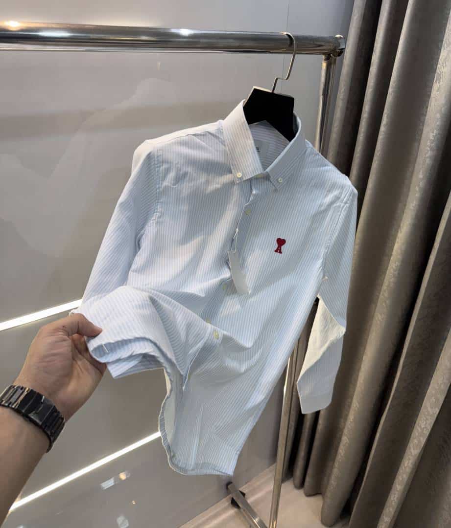 Ami Paris Sky Blue Stripes Embroidery Logo Premium Shirt