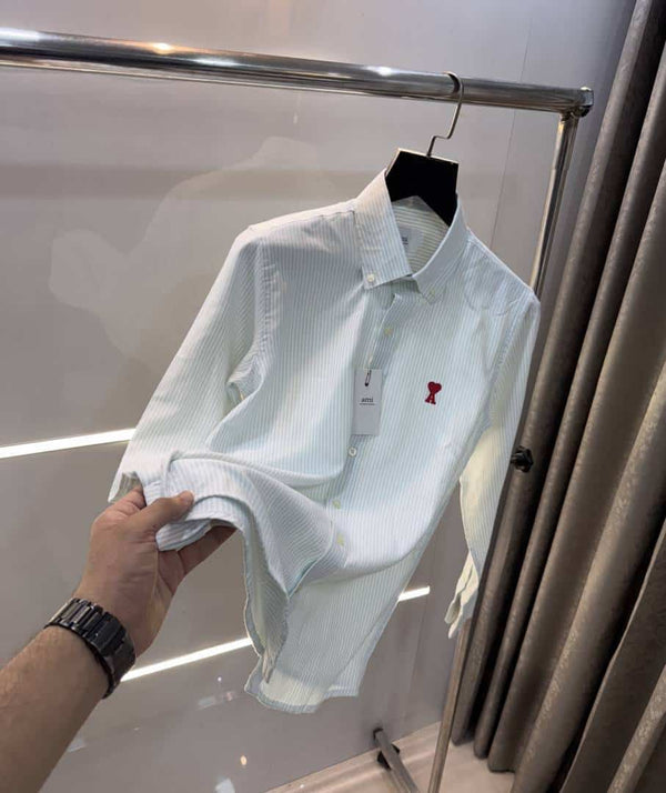Ami Paris Green Stripes Embroidery Logo Premium Shirt
