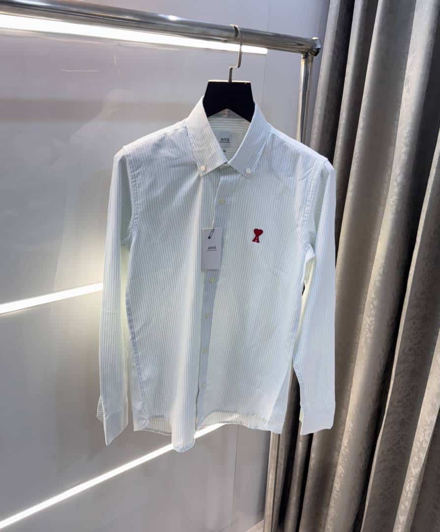 Ami Paris Green Stripes Embroidery Logo Premium Shirt
