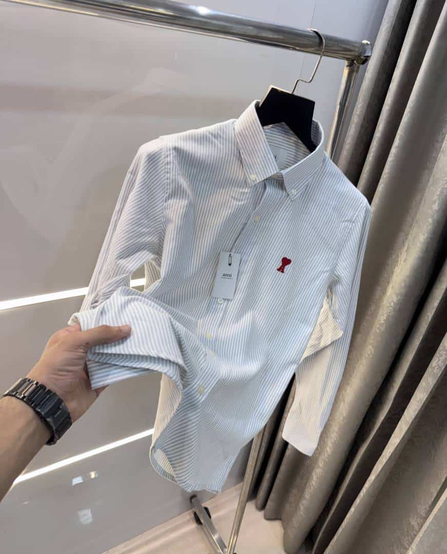 Ami Paris Grey Stripes Embroidery Logo Premium Shirt Main image
