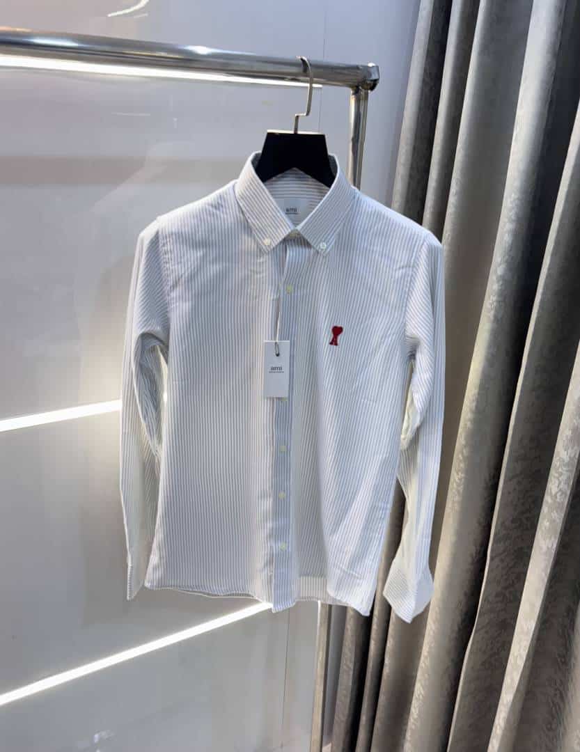 Ami Paris Grey Stripes Embroidery Logo Premium Shirt Secondary image