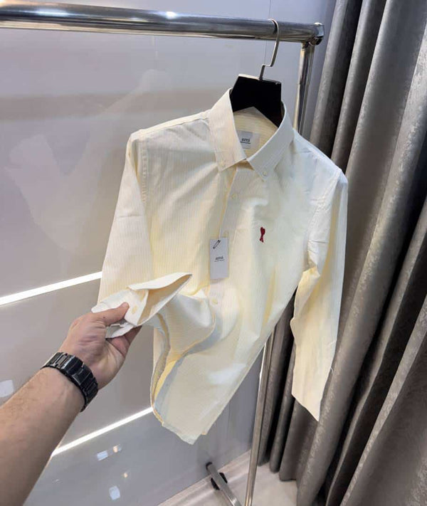 Ami Paris Butter Yellow StRipes Embroidery Logo Premium Shirt