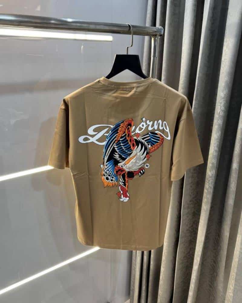 Bluorng Beige Eagle Embossed Print Imported Oversized T-Shirt Secondary image