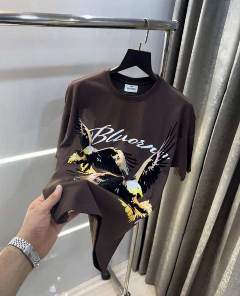 Bluoran g  Brown Eagle Embo$sed Print Imported Oversized T-Shirt