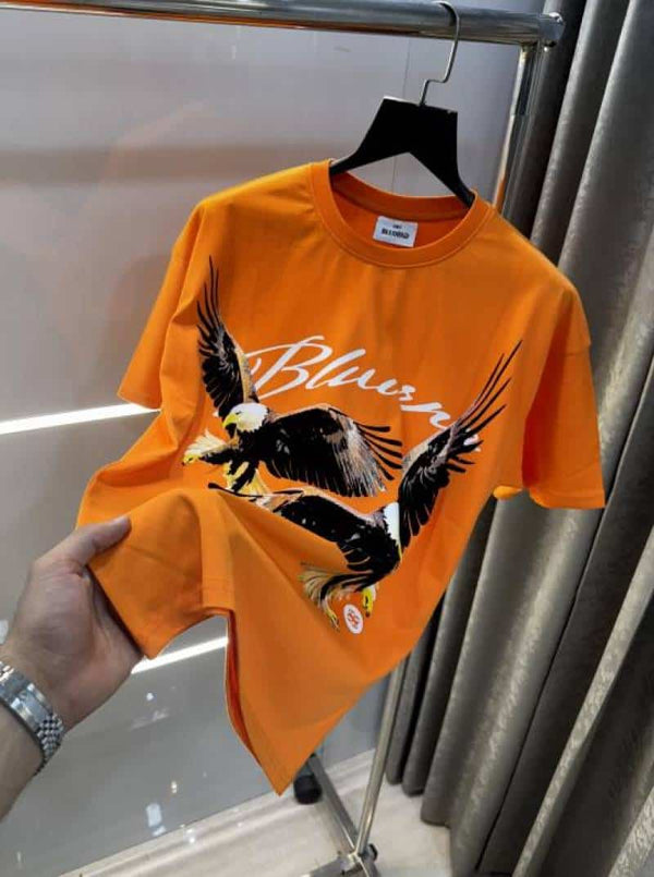 Bluoran g Orange Eagle EmBo...Ssed Print Imported Oversized T-Shirt