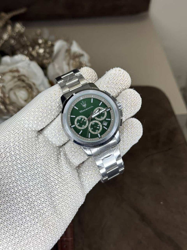 Maserati Metal Silver Green Dial Chronograph Watch