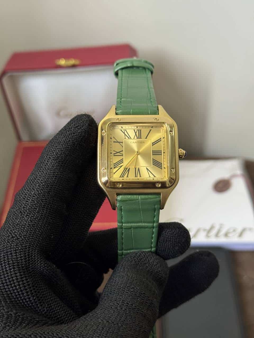 Cartier Santos Dumont Green Leather Strap Quartz Watch