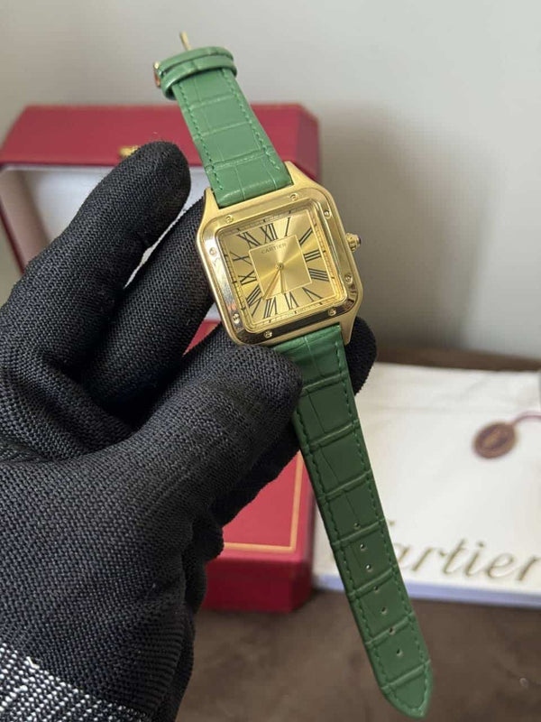 Cartier Santos Dumont Green Leather Strap Quartz Watch