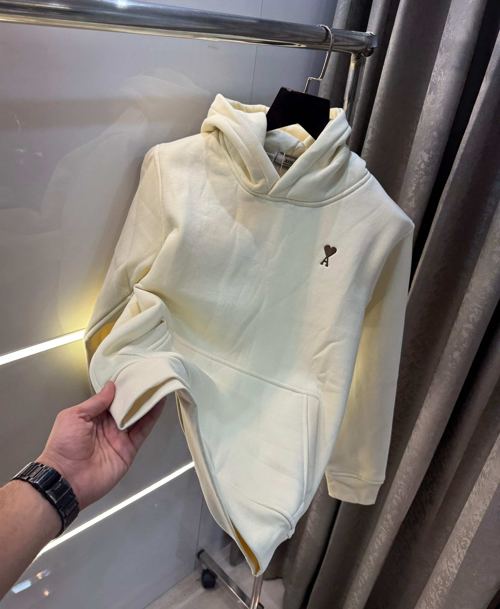 Ami Paris Cream Embroidery Logo Imported Hoodie