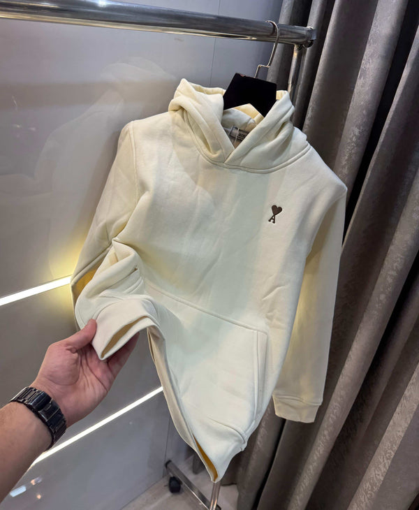 Ami Paris Cream Embroidery Logo Imported Hoodie
