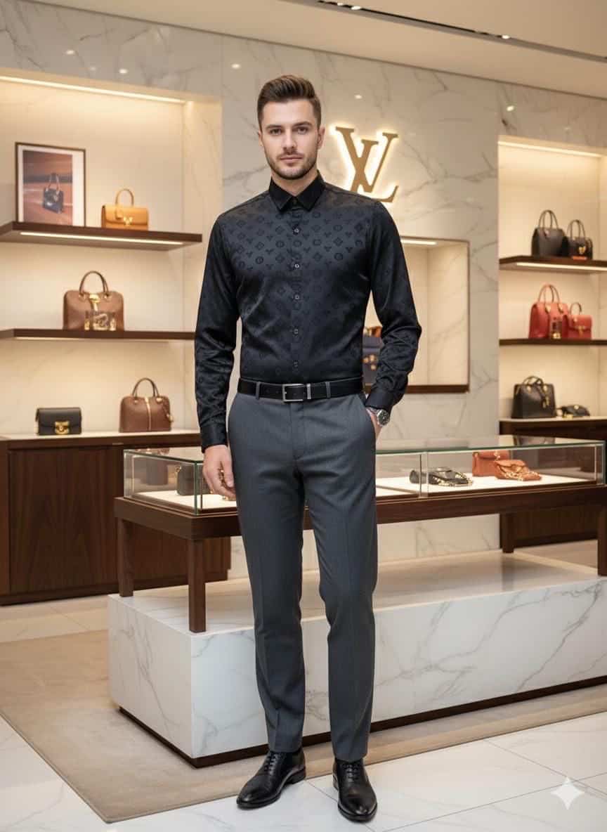 Louis  Vuitton Black MonogR..am! LuX..ury Shirt With Premium Box Packing And Carry Bag