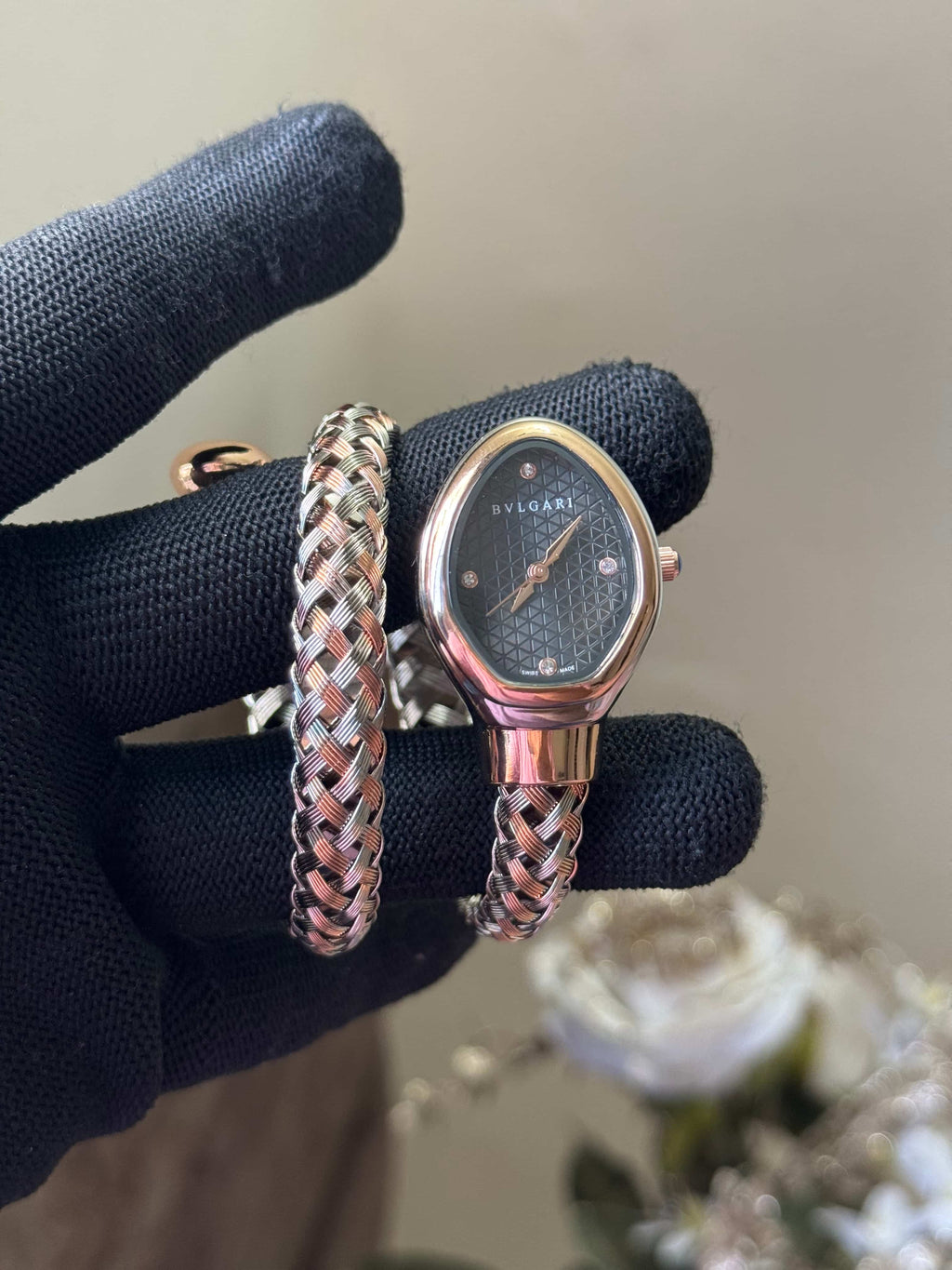 Bvlgar i Dual Tone Black Dial Quartz Watch