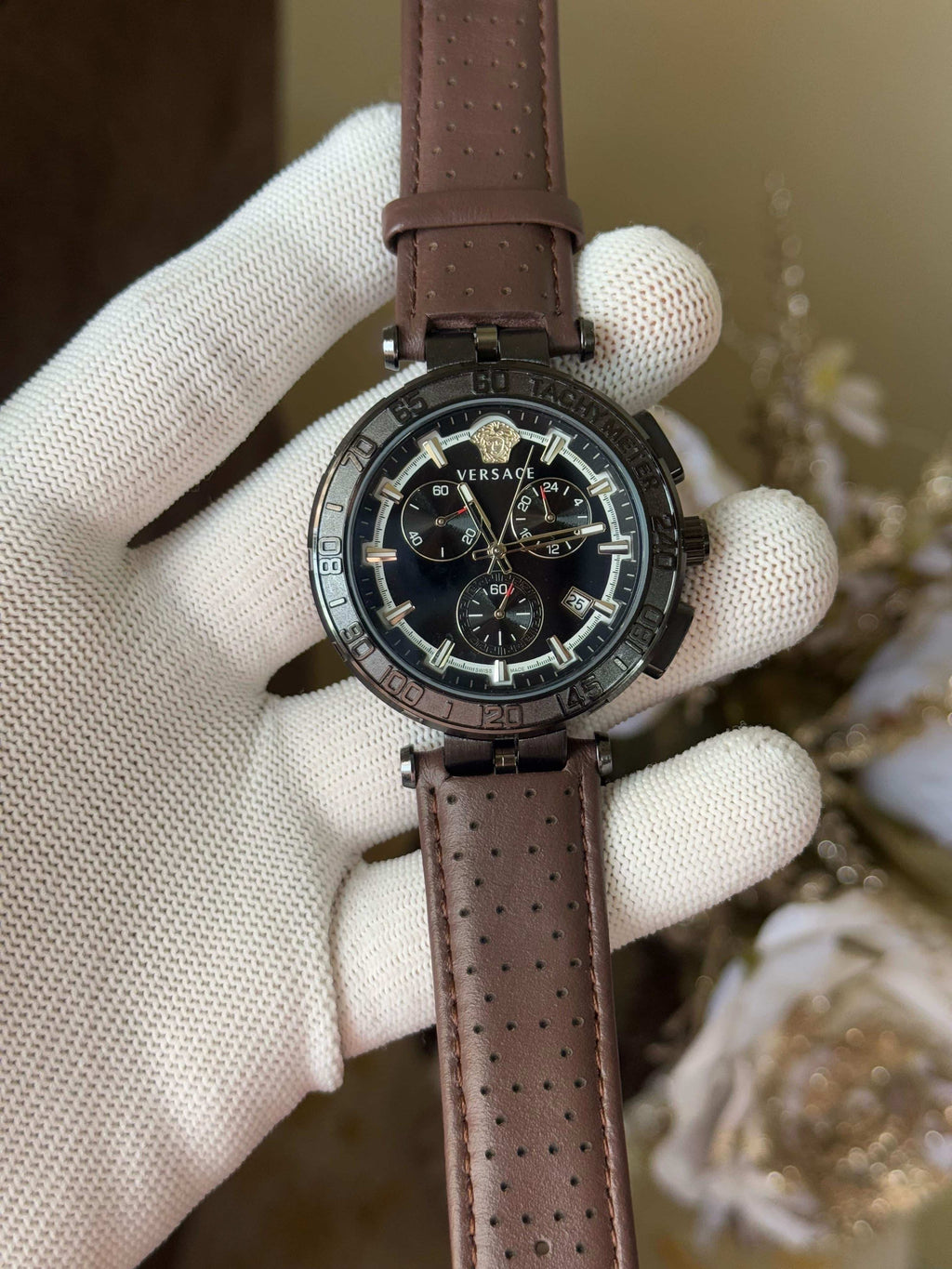 Versac e Chronograph Brown Leather Strap Premium Watch