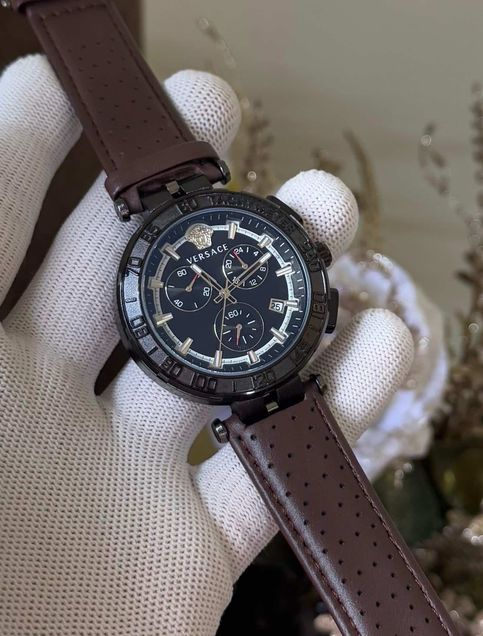 Versac e Chronograph Brown Leather Strap Premium Watch
