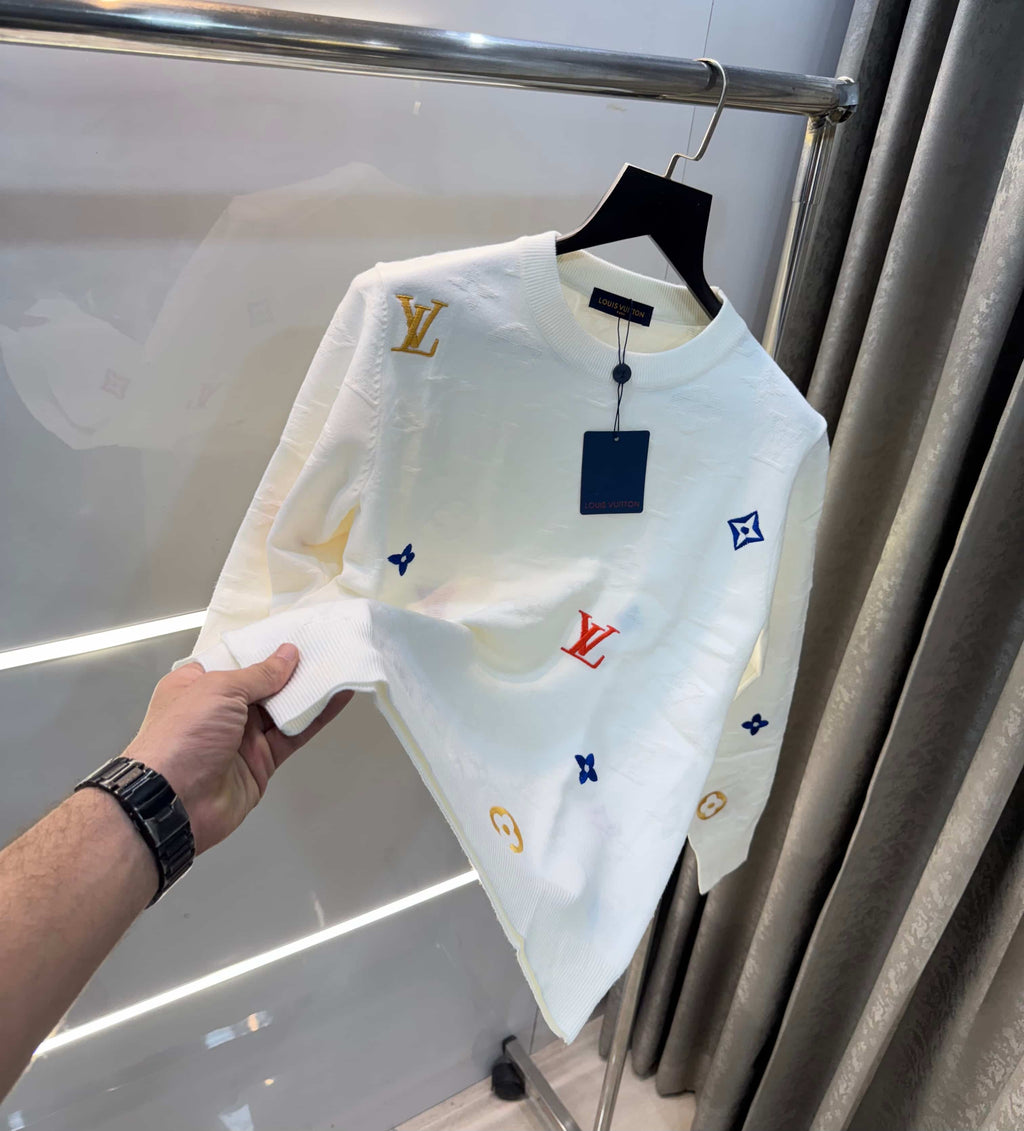 Louis  Vuitton White Embroidery Logo Imported Knitted Pull Over