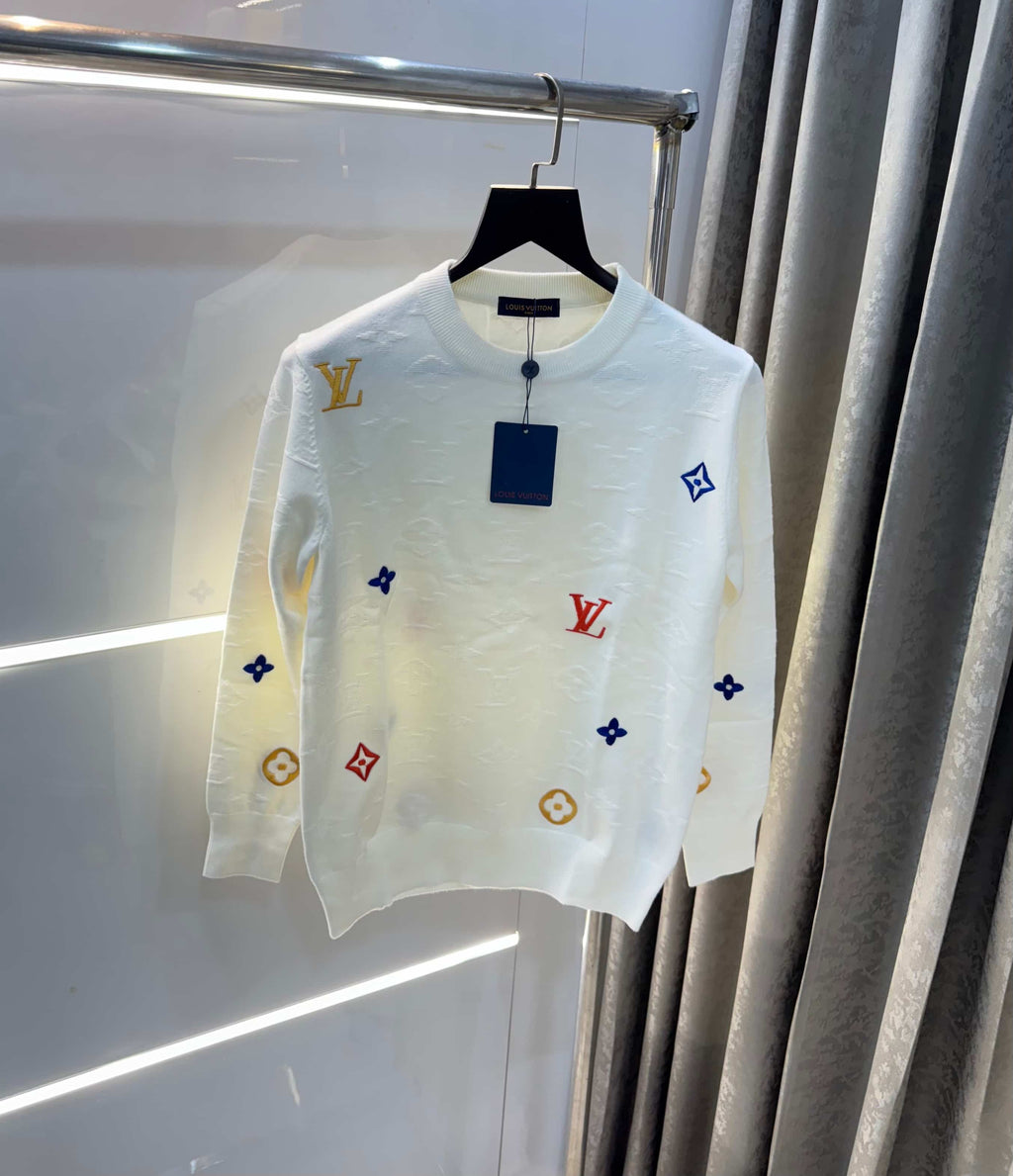 Louis  Vuitton White Embroidery Logo Imported Knitted Pull Over