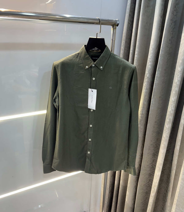 Calvin   klein Olive Green Embroidery Logo Premium Linen Shirt