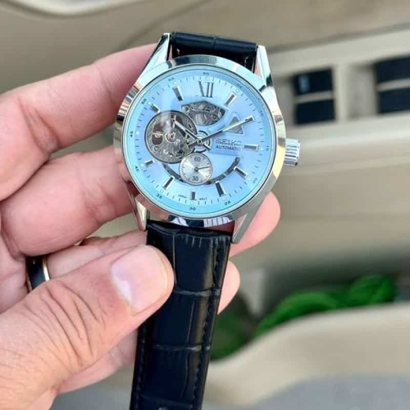 SEIKO AUTO SILVER BLACK LEATHER