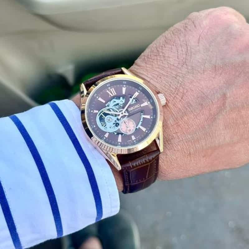 SEIKO AUTO ROSEGOLD BROWN LEATHER