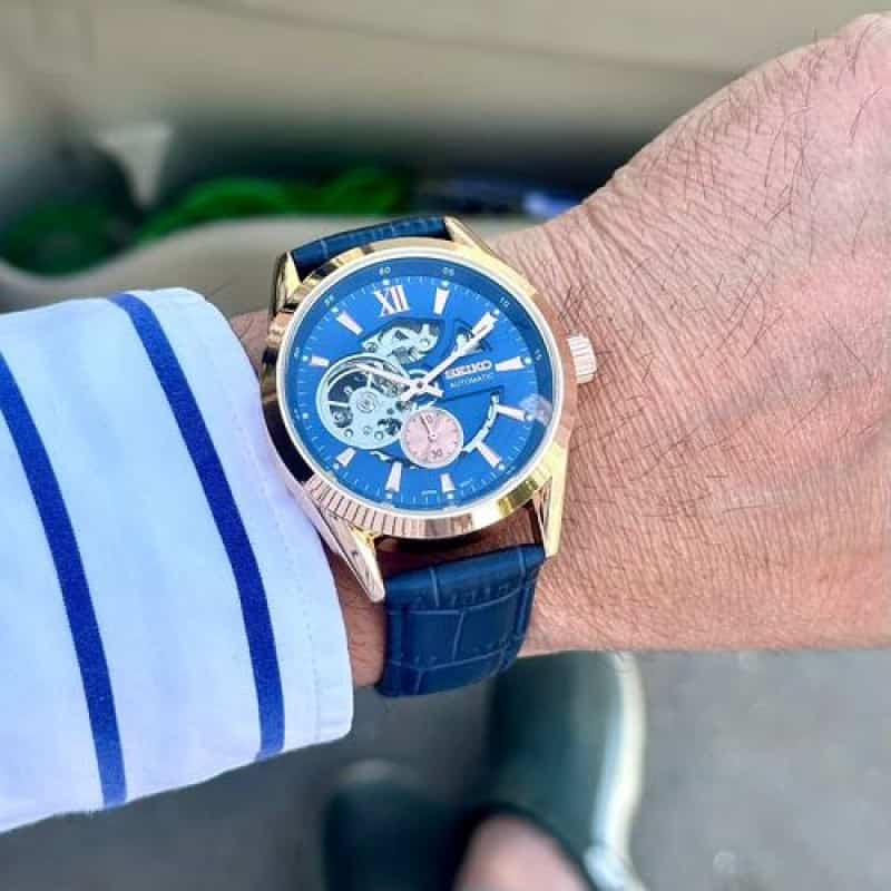 SEIKO AUTO ROSEGOLD BLUE LEATHER