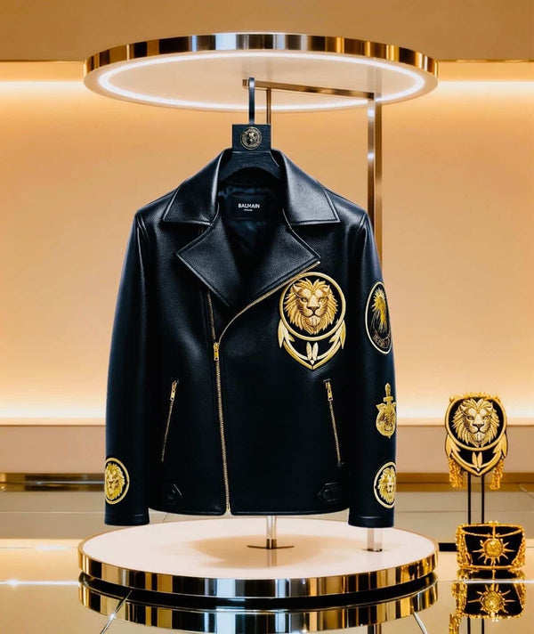 Balmai n Paris Black Embroidery Logo Imported Leather Jacket