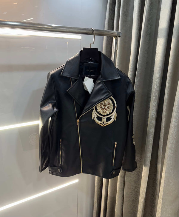 Balmai n Paris Black Embroidery Logo Imported Leather Jacket