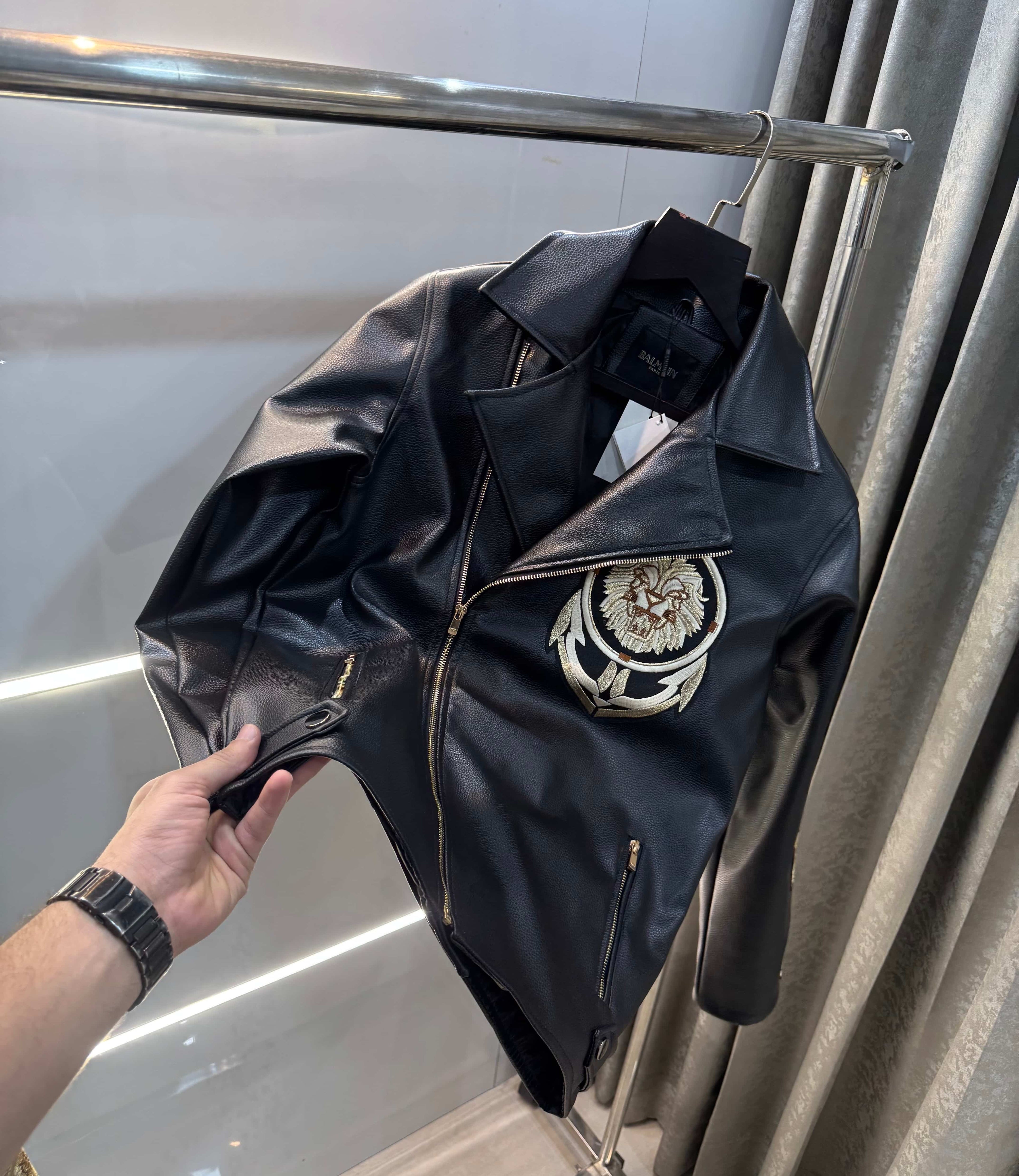 Balmai n Paris Black Embroidery Logo Imported Leather Jacket