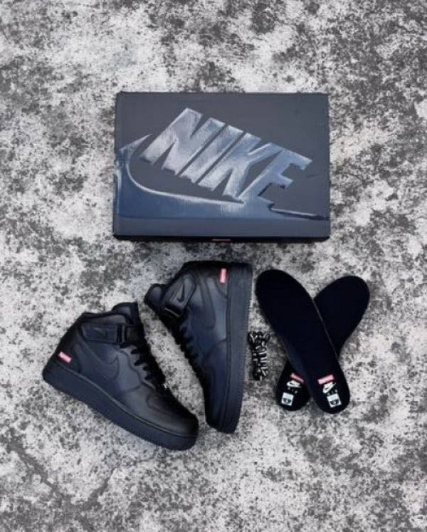 Nike Airforce 1 Supreme X Mid Leather ALL BLACK 1st Leather