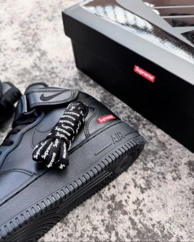 Nike Airforce 1 Supreme X Mid Leather ALL BLACK 1st Leather